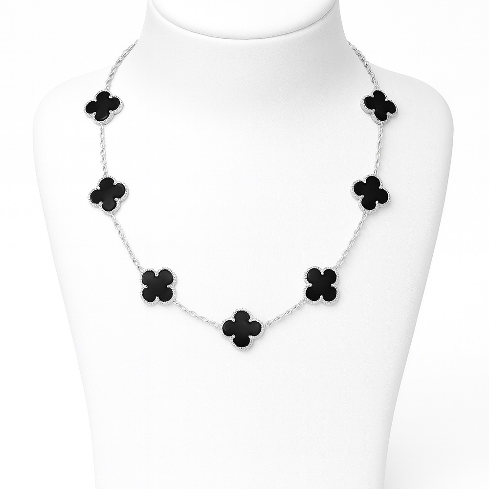 925 Sterling Silver Onyx Clover Station Necklace